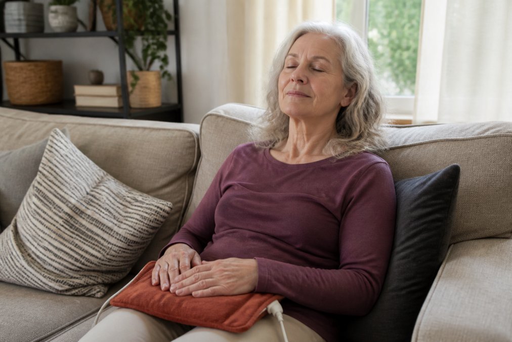 An older woman resting her hands on a warm heating pad on a couch, eyes closed with a relaxed expression, soft natural light filtering through a window behind her