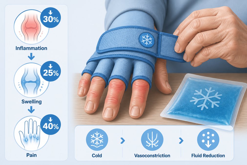Close-up of an older adult's swollen, arthritic fingers being wrapped in a cold compression sleeve, with a soft blue gel pack visible nearby on a wooden table in warm indoor lighting