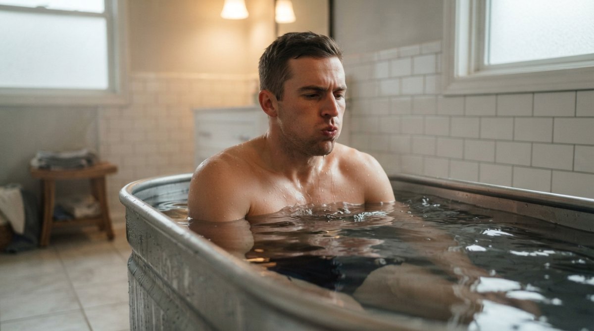 Athlete submerged in ice bath with focused facial expression, controlled breathing visible, cold water rippling around shoulders in a residential bathroom setting with warm lighting from above