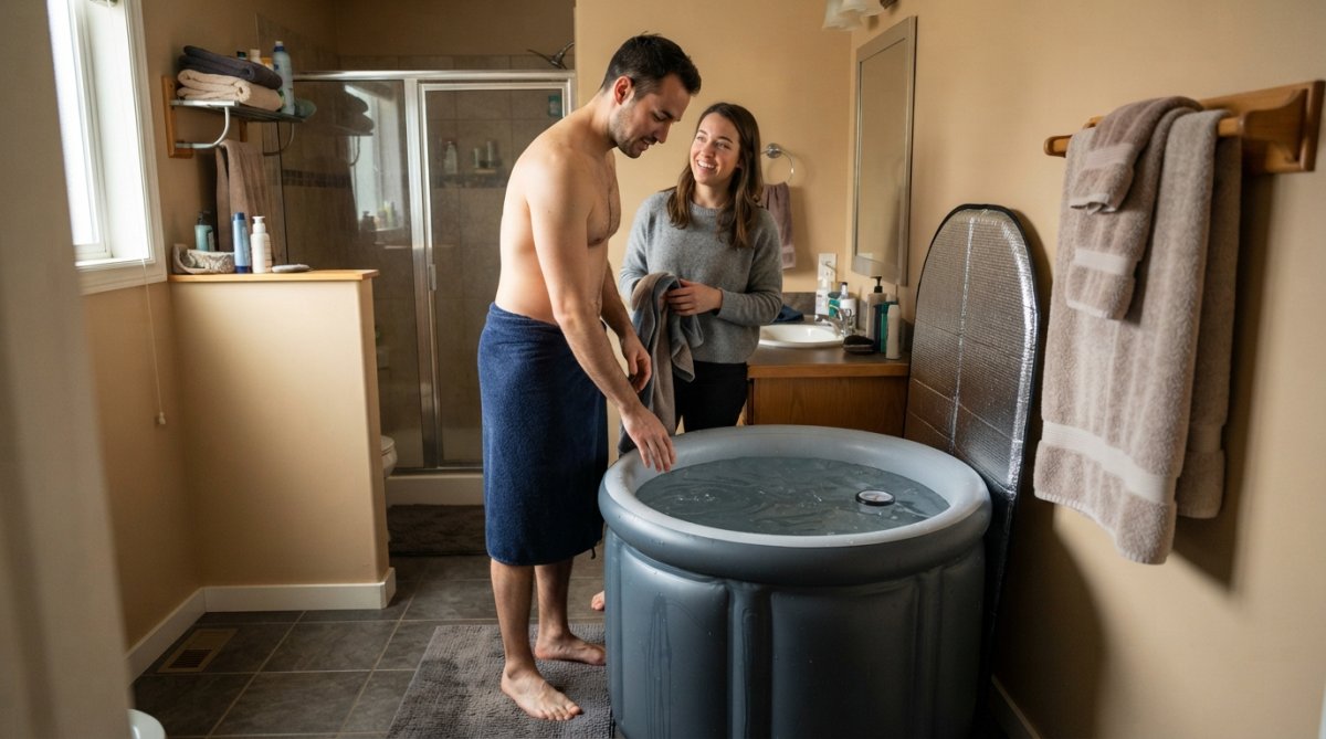 Residential bathroom setup with portable ice bath tub filled and ready, person in towel standing beside it, warm bathroom lighting, thermal lid nearby on counter, towels arranged on rack