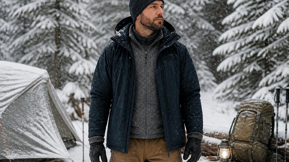 Camper wearing a layered cold-weather camping gear system in a snowy forest with evergreens.