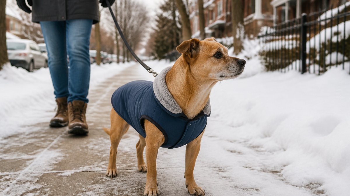 A short-haired dog wearing a fleece-lined winter jacket standing on a snowy sidewalk, with a person holding a leash in the background