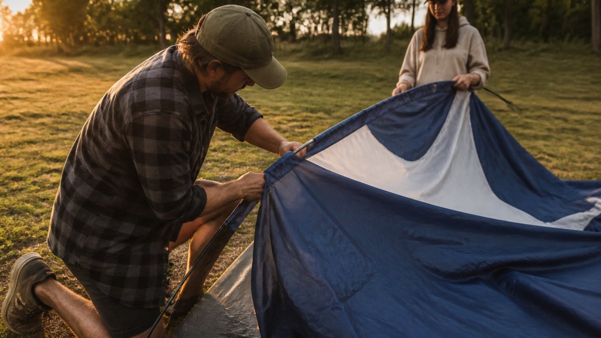 Two campers setting up a blue Coleman Sundome tent on a grassy campsite during golden hour.