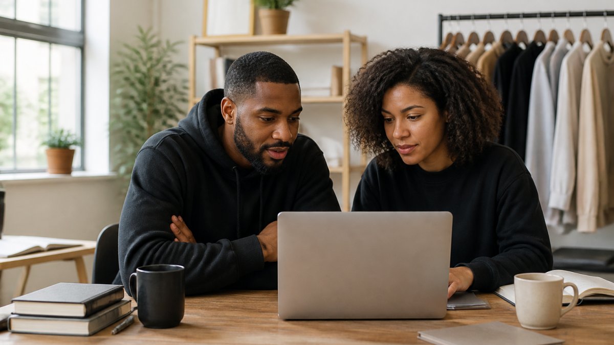 Two content creators reviewing a brand partnership brief together on a laptop, seated at a modern desk with coffee and notebooks, natural daylight from a window