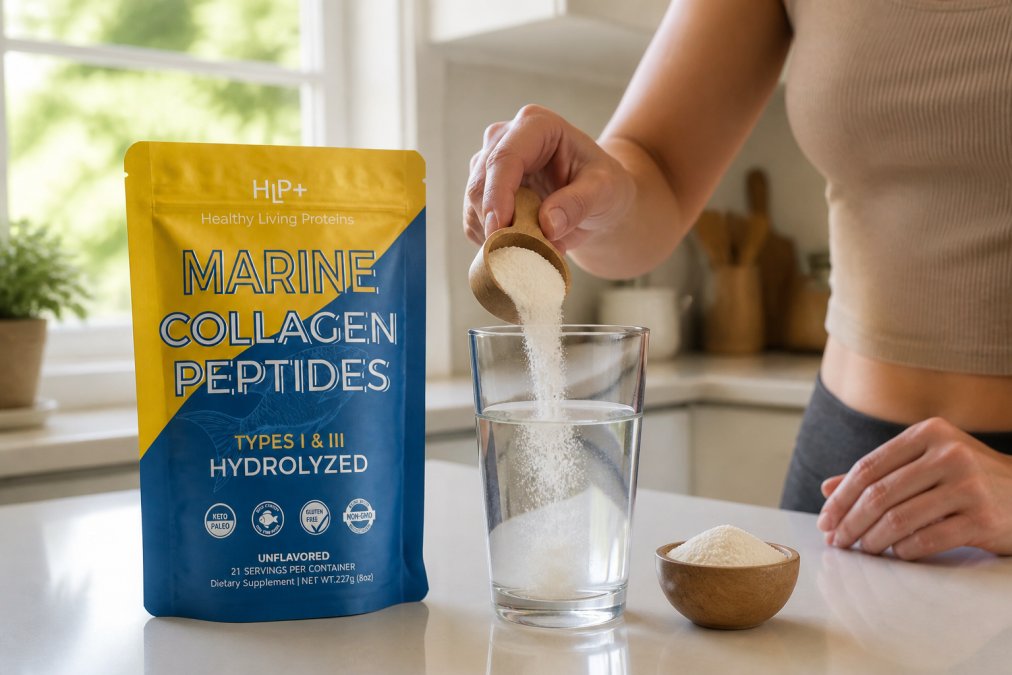 Person pouring hydrolyzed collagen powder into a glass of water or coffee, showing the powder dissolving smoothly without clumping, with morning natural light streaming through a kitchen window