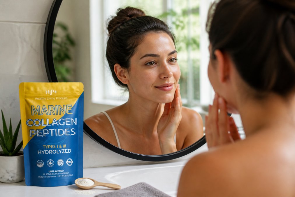 Woman examining her skin in a bathroom mirror with natural morning light, focusing on facial complexion, skin texture, and radiance, representing visible collagen results