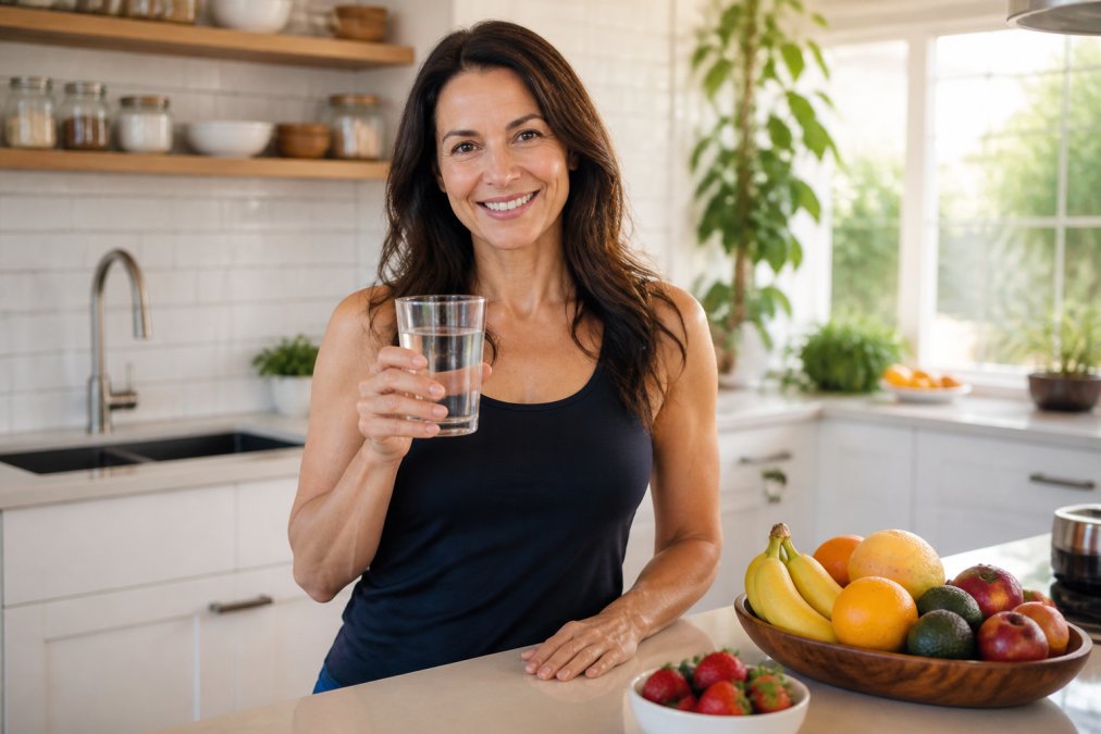 Woman in her late 40s smiling in a kitchen while preparing a drink to enjoy the collagen benefits of her daily routine.