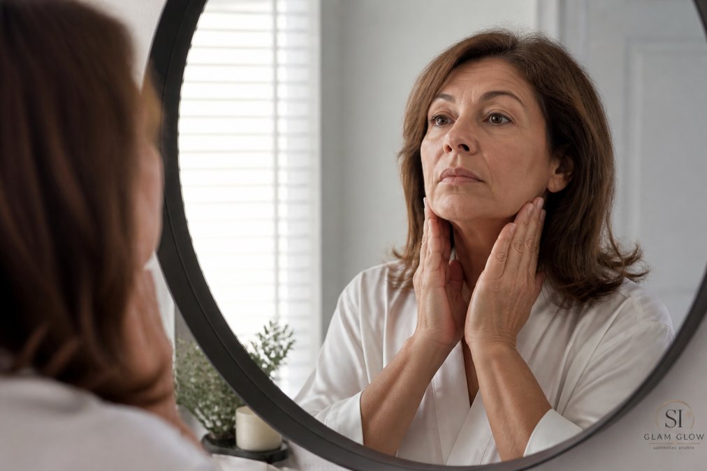 Woman in her fifties checking her jawline before a collagen facial treatment in a mirror.