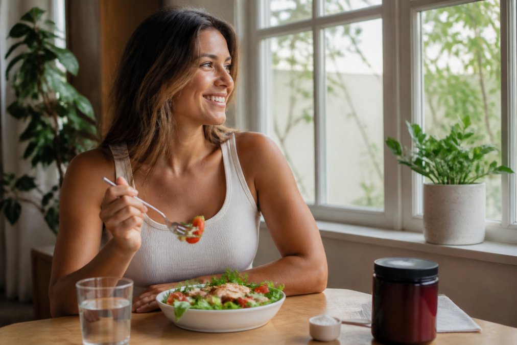 A person sitting comfortably at a table with a healthy meal, appearing relaxed and satisfied, with natural daylight coming through a window