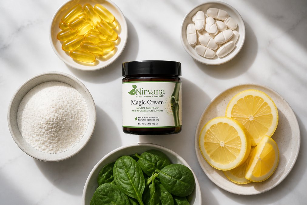Overhead flat-lay arrangement of supplement sources on white surface: fish oil capsules, vitamin C tablets, collagen powder, fresh lemon slices, and leafy spinach with natural window lighting