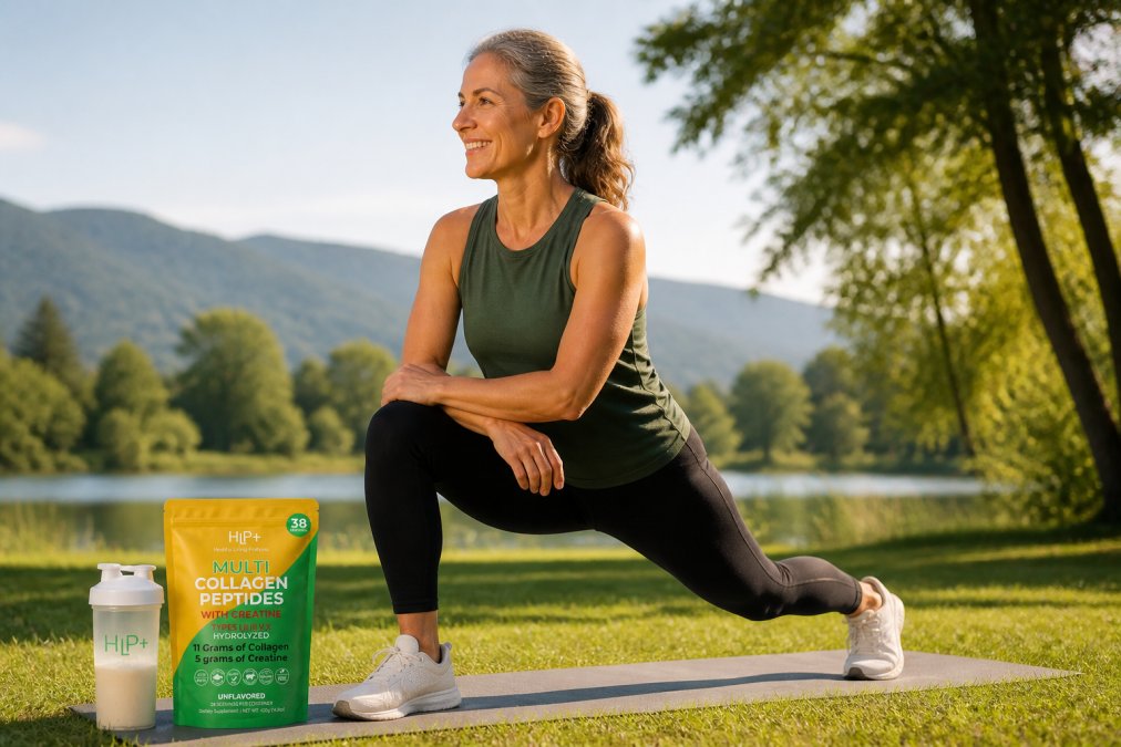 An active adult in their 50s performing a mobility exercise outdoors, demonstrating improved range of motion and flexibility in their joints with natural sunlight highlighting the movement