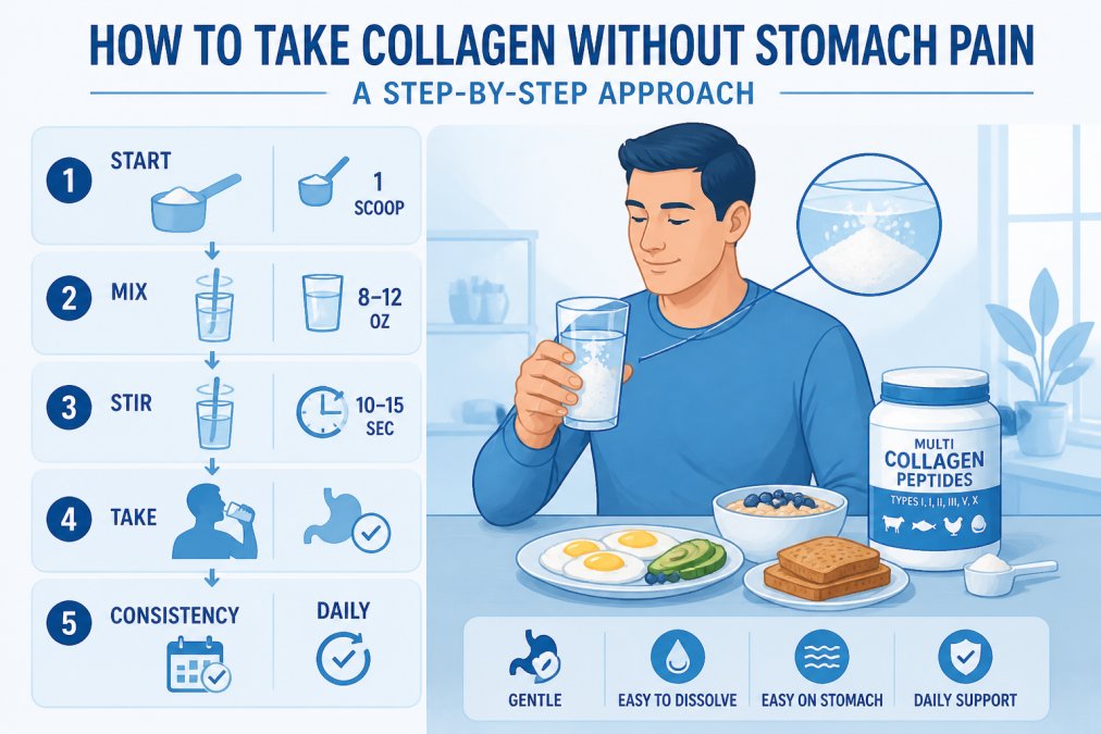 Person holding a glass of water with collagen powder dissolving in it, sitting at a breakfast table with whole foods like eggs and toast nearby