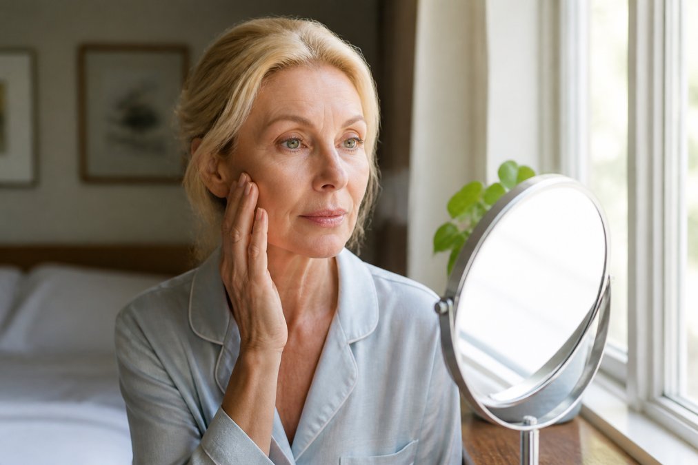 Woman over 50 examining her skin in natural morning light by a window, with a calm, reflective expression suggesting self-assessment and skincare awareness
