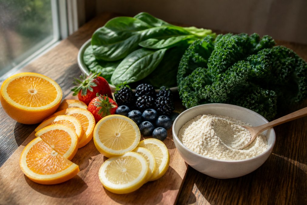 A wooden table with fresh vitamin C-rich foods, sliced citrus (oranges, lemons), fresh berries, dark leafy greens (spinach, kale), and a bowl of collagen powder beside them, with natural afternoon light creating warm shadows