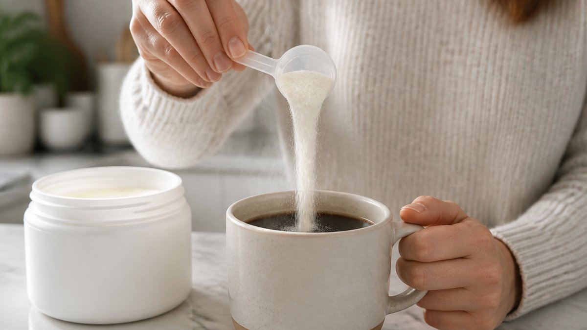 Person pouring unflavored collagen peptides powder into a steaming mug of coffee, showing the powder dissolving smoothly without clumping or residue