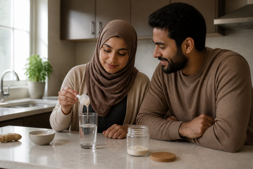 A scoop of white powder next to a glass of water, illustrating collagen supplement side effects in a kitchen.