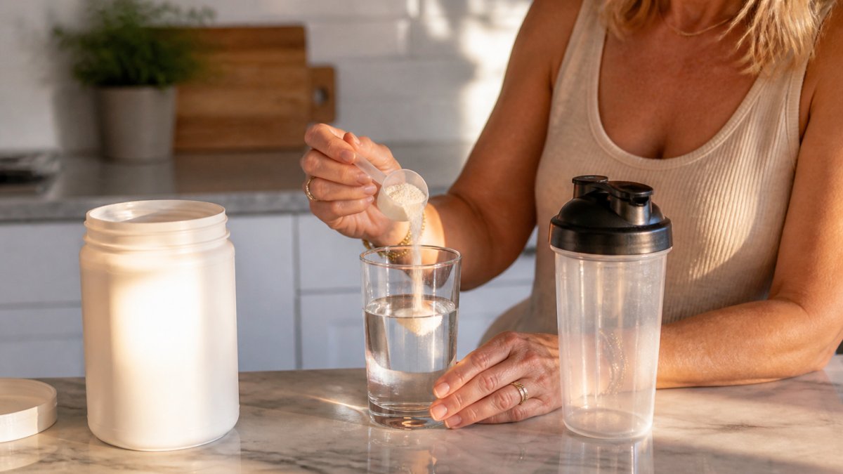 A woman in her 40s scooping unflavored collagen powder into a glass of water at a bright kitchen counter, with the product container and a shaker cup nearby