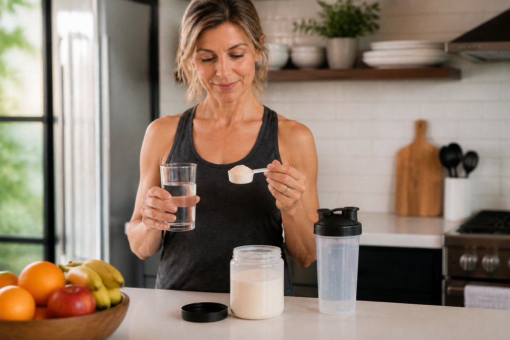 A woman in her 40s holding a glass of water and a scoop of unflavored collagen powder in a bright kitchen, with fresh fruit and a shaker bottle on the counter
