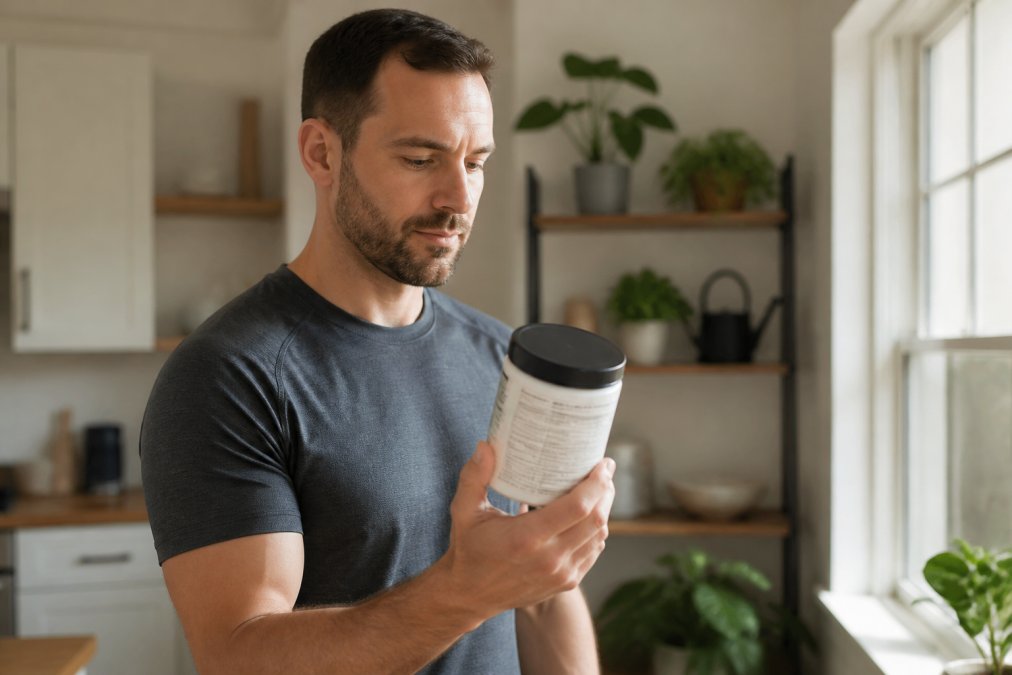 Adult over 25 holding a supplement container while reading nutritional information, standing in bright natural light near a window with a neutral home background
