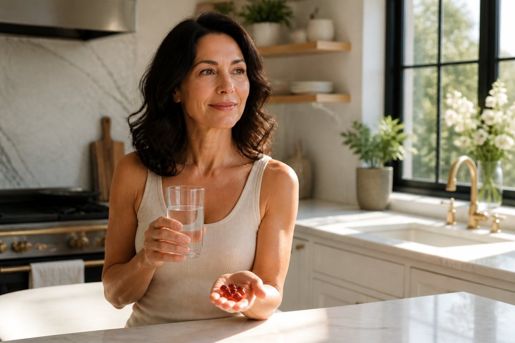 Woman in her 40s taking collagen vs glutathione supplements with water in a sunlit kitchen