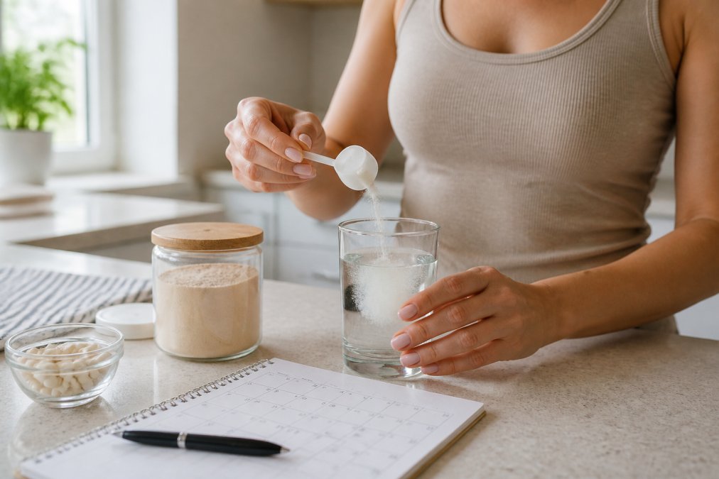 Person mixing collagen with probiotics for bloating in water while tracking daily intake on a calendar