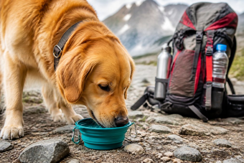 Golden retriever drinking from a collapsible silicone bowl on a rocky hiking trail with a backpack and water bottles visible in the background