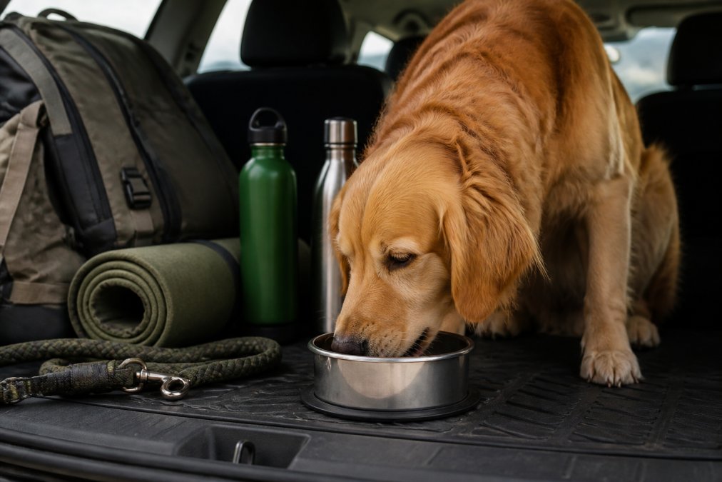 Dog eating from a stainless steel bowl inside a car during a road trip, with travel accessories and water bottles visible nearby