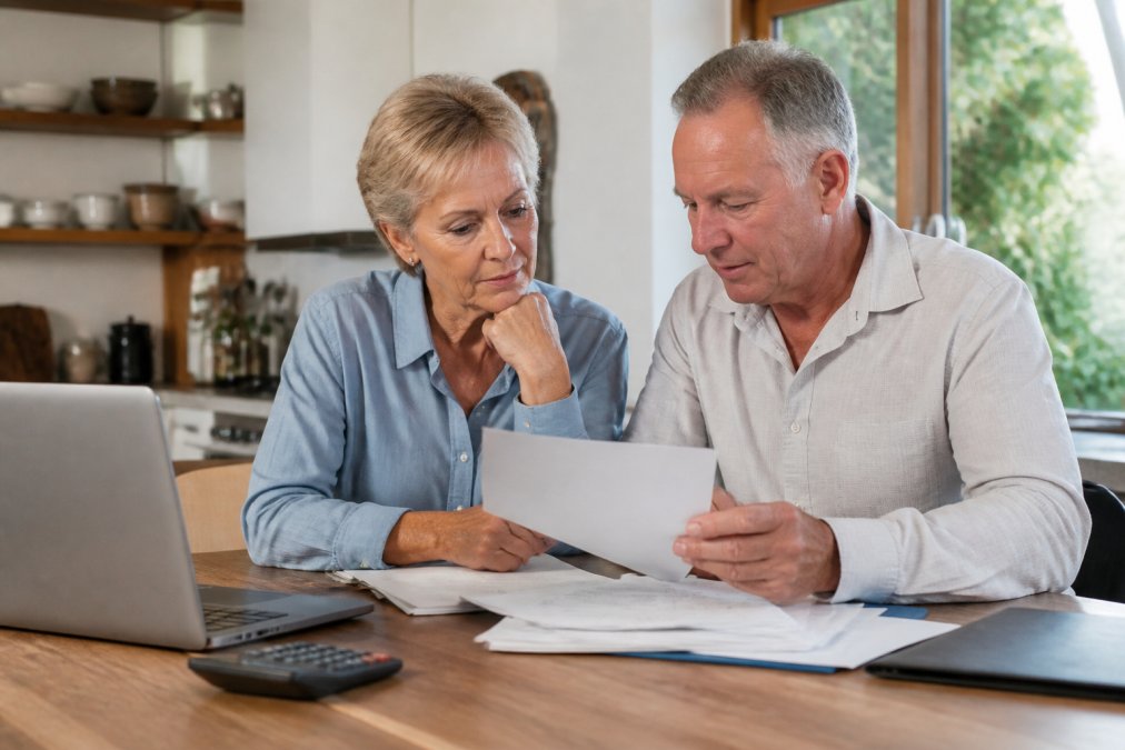 Mature couple reviewing retirement documents together at a kitchen table with a laptop and financial papers spread out, natural afternoon light streaming through windows
