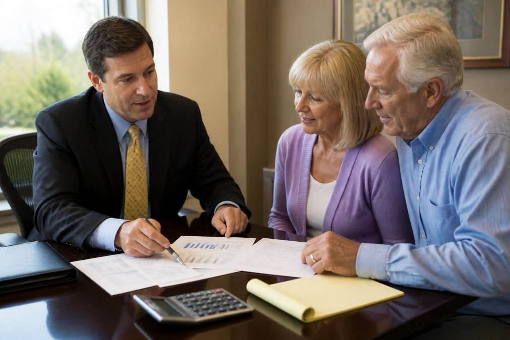 Financial advisor meeting with a client in an office setting, discussing retirement planning documents with a calculator and papers visible on the desk, professional lighting