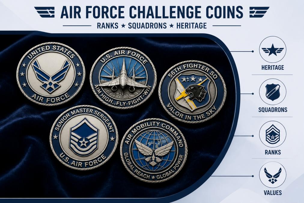 Close-up of several Air Force challenge coins arranged on a dark velvet surface, showing different ranks, squadron insignia, and enamel fill details with clear insignia visible under focused lighting