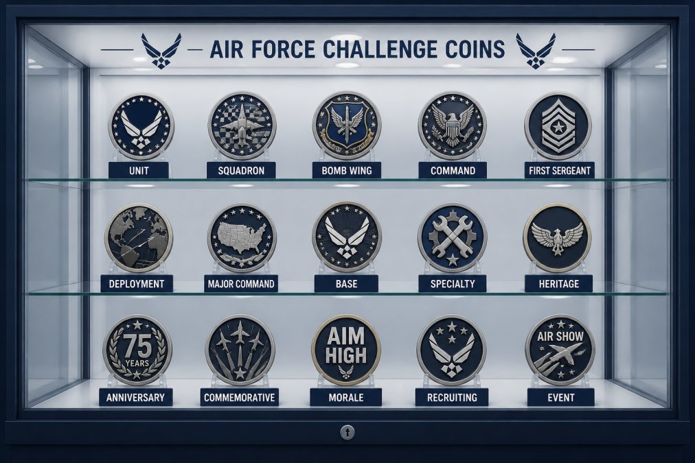A well-organized glass display case showing Air Force challenge coins arranged in rows with proper museum-quality lighting, demonstrating professional collection presentation and organization