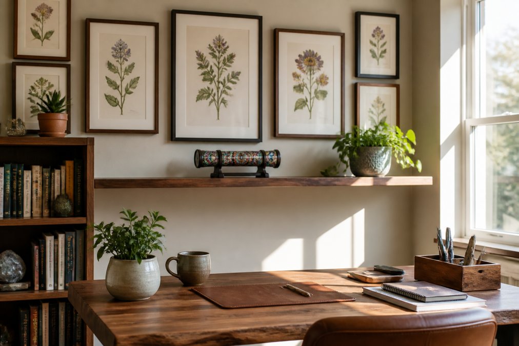Modern home office workspace with gallery wall arrangement of framed botanical prints and handcrafted kaleidoscope displayed on floating shelf, warm natural light from window illuminating the pieces