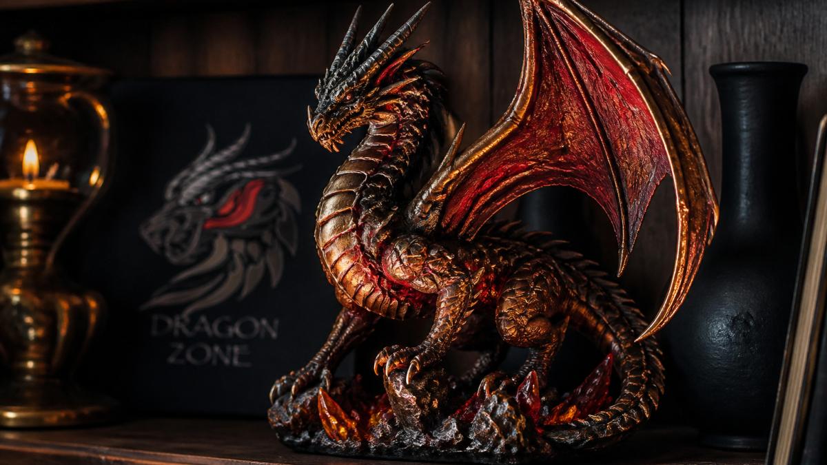 A close-up photograph of a hand-painted elemental dragon figurine displayed on a wooden shelf, with soft warm lighting highlighting the sculpted scales, wings and metallic finish against a dark moody background