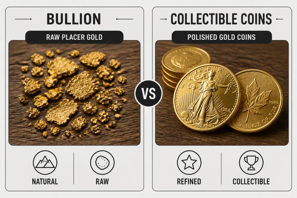 Close-up of raw placer gold flakes and polished gold coins arranged side by side on a wooden surface, showing distinct texture and finish differences under natural lighting