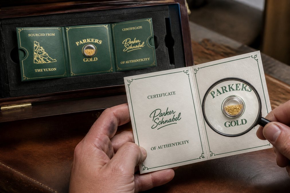 Hands holding a Certificate of Authenticity document next to a gold package in a handcrafted display case, with a magnifying glass examining fine details under bright lighting