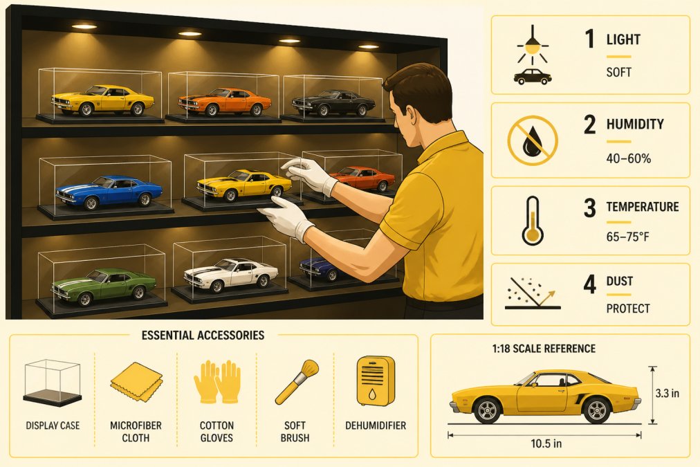 Collector carefully adjusting 1:18 scale American muscle cars on a well-lit display shelf with acrylic cases