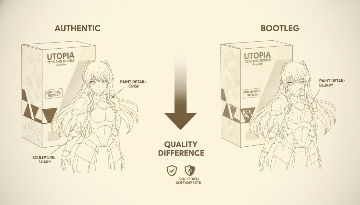 Close-up of authentic anime figure's painted face details and packaging next to bootleg version showing paint bleeding and blurry printing, natural studio lighting
