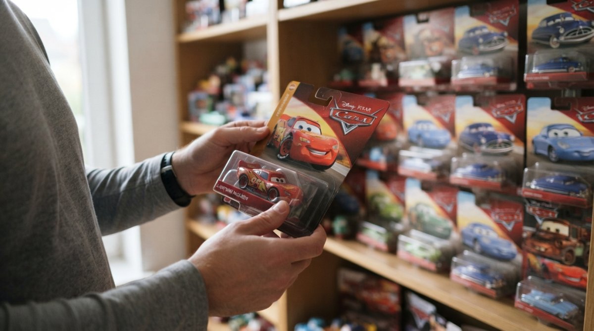 Collector holding a sealed Lightning McQueen diecast from the Disney Cars series in front of a shelf of models