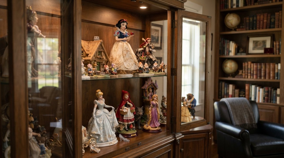 Handcrafted fairy tale merchandise displayed on a wooden shelf in a cozy collector's home library setting
