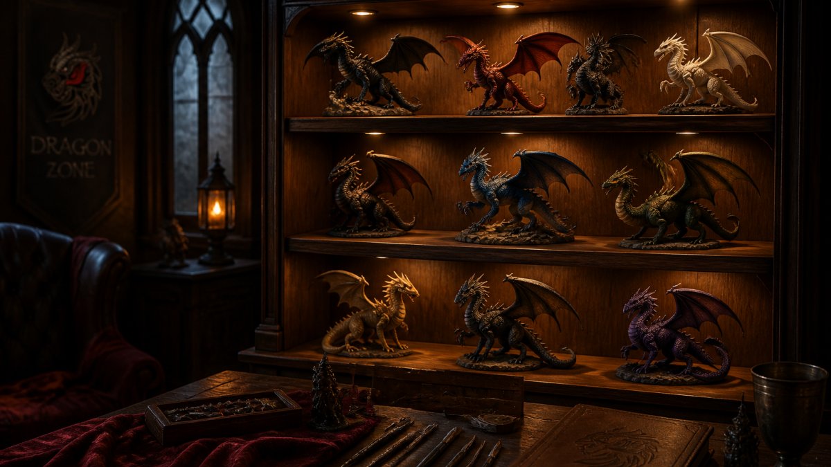 Intricately detailed dragon figurines displayed on a wooden shelf in a softly lit, gothic-inspired room interior.