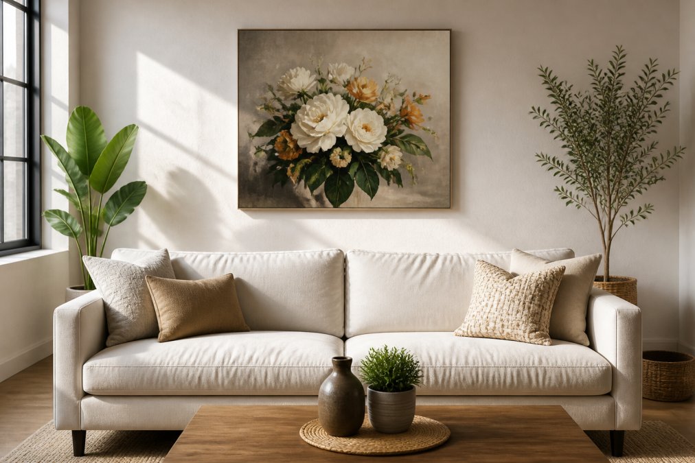A bright modern living room with a framed floral canvas print hanging above a neutral sofa, natural window light casting soft shadows across the textured wall