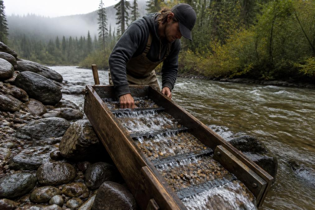 Miner operating a sluice box in a flowing creek, water cascading through the wooden channels while gravel and sediment wash away, revealing gold flakes caught in the riffles, surrounded by boreal forest and morning mist