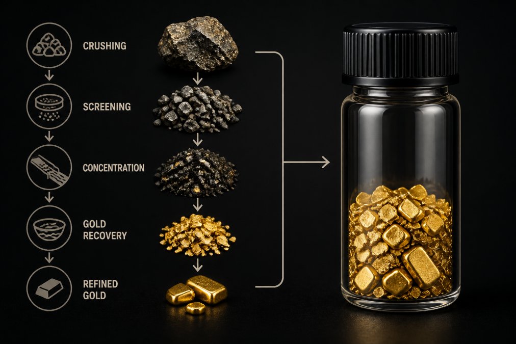 Refined gold flakes and small ingots displayed in a clear glass vial against a dark background, showing the transformation from raw ore to collected gold, with natural lighting highlighting the metallic luster