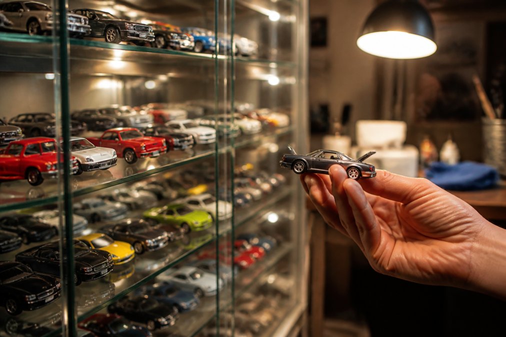 A well-organized glass display case filled with rows of 1:64 scale diecast model cars, one model held gently in a collector's hand being inspected under warm hobby room lighting