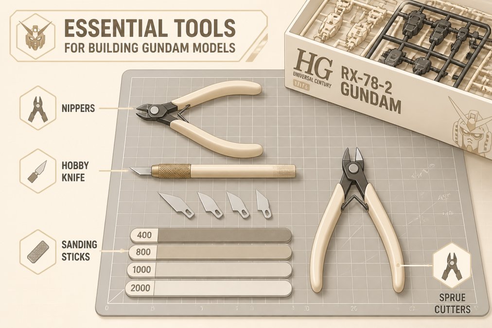 Close-up of a workspace showing nippers, hobby knife with multiple blades, sanding sticks in progressive grits, and sprue cutters arranged on a gray work mat next to an open High Grade Gundam box