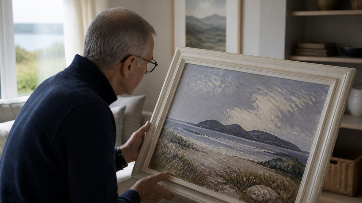 Collector examining a framed original Hebridean landscape painting in a bright living room, studying the brushwork and fine details up close with natural window lighting