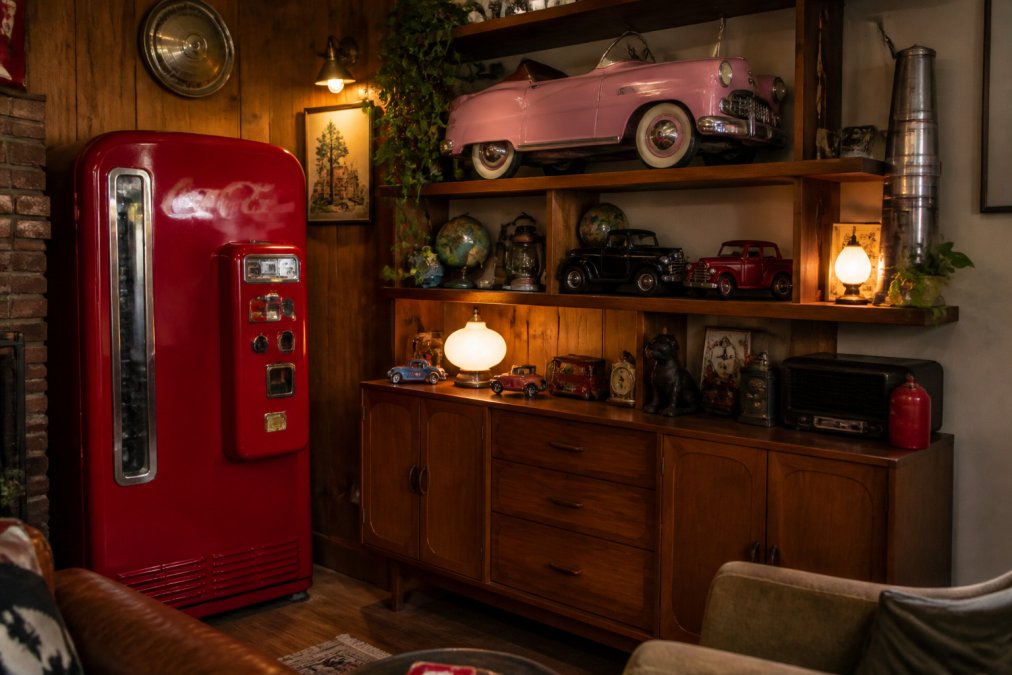 Warmly lit den featuring a vintage soda machine and a pink pedal car displayed on wooden furniture.