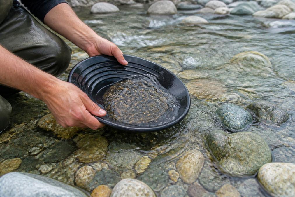 Hands holding a gold panning dish with water and sediment, demonstrating the circular swirling motion in a river setting with clear water flowing over smooth rocks