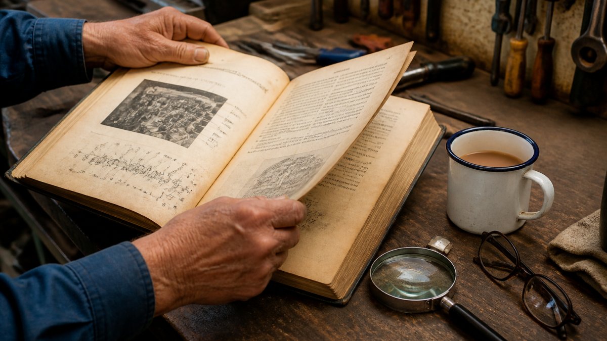 Close-up of weathered hands turning the yellowed pages of an old Holden workshop manual on a timber workbench, with a magnifying glass, a mug of tea and a pair of reading glasses resting beside it