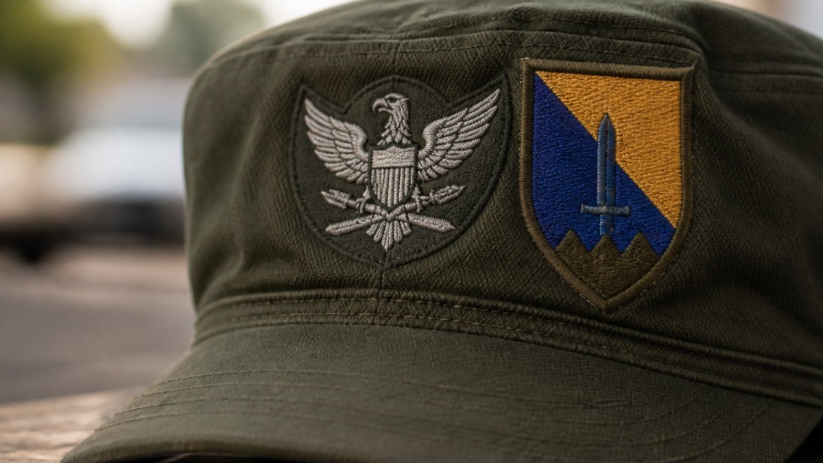 Close-up of embroidered military insignia on a Vietnam-era service cap showing detailed branch emblem and unit patch with clear stitching detail